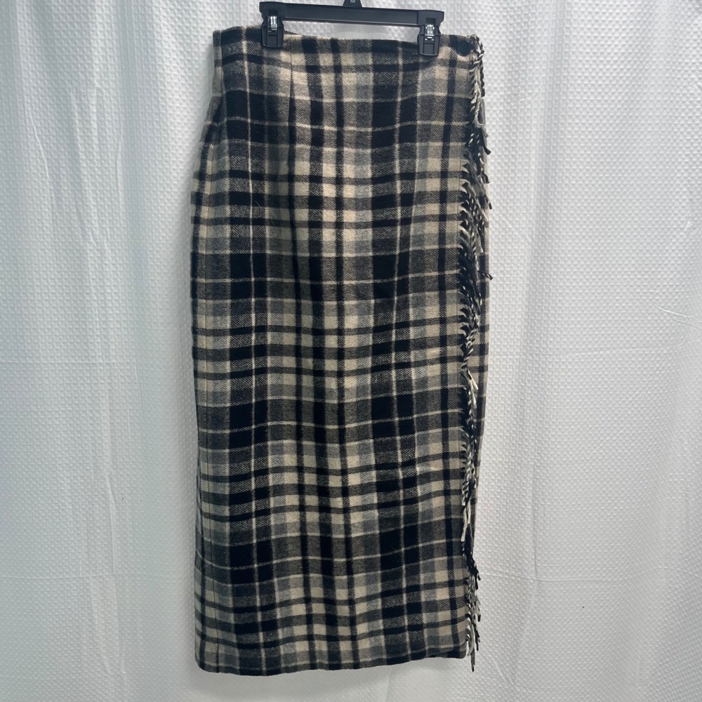 Cambridge Country Plaid Wool Blend Fringe Wrap Maxi Skirt Black Grey Cream 10